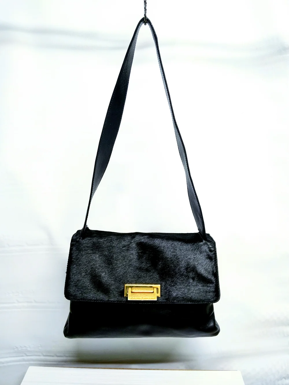 Black Leather and Haircalf Shoulder Bag with Gold Hardware From Adrienne Vittadi